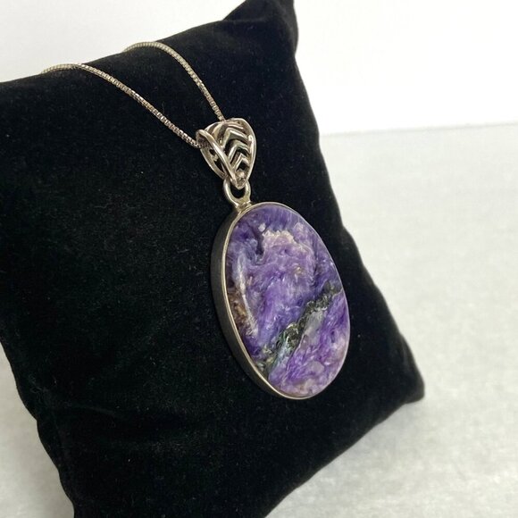 Sterling Silver 925 Oval Bezel Set Purple Charoite Pendant Necklace 22" Chain - Picture 12 of 16